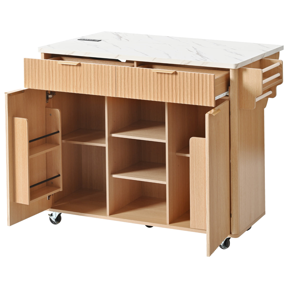 variant-group:rf-n707s000019y|Roomfitters 52" Fluted Kitchen Island with Drop Leaf, Power Outlet & Faux Marble Top, Natural