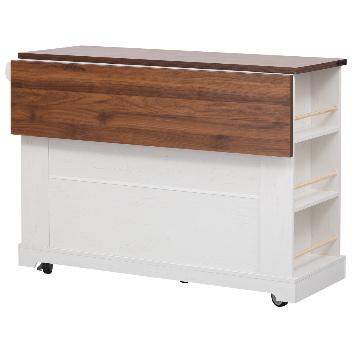 variant-group:rf-n707p263637w|Roomfitters 53" Rolling Kitchen Island with Drop Leaf, Mobile Cart with Glass Doors, 5 Side Shelves & Power Outlets, White