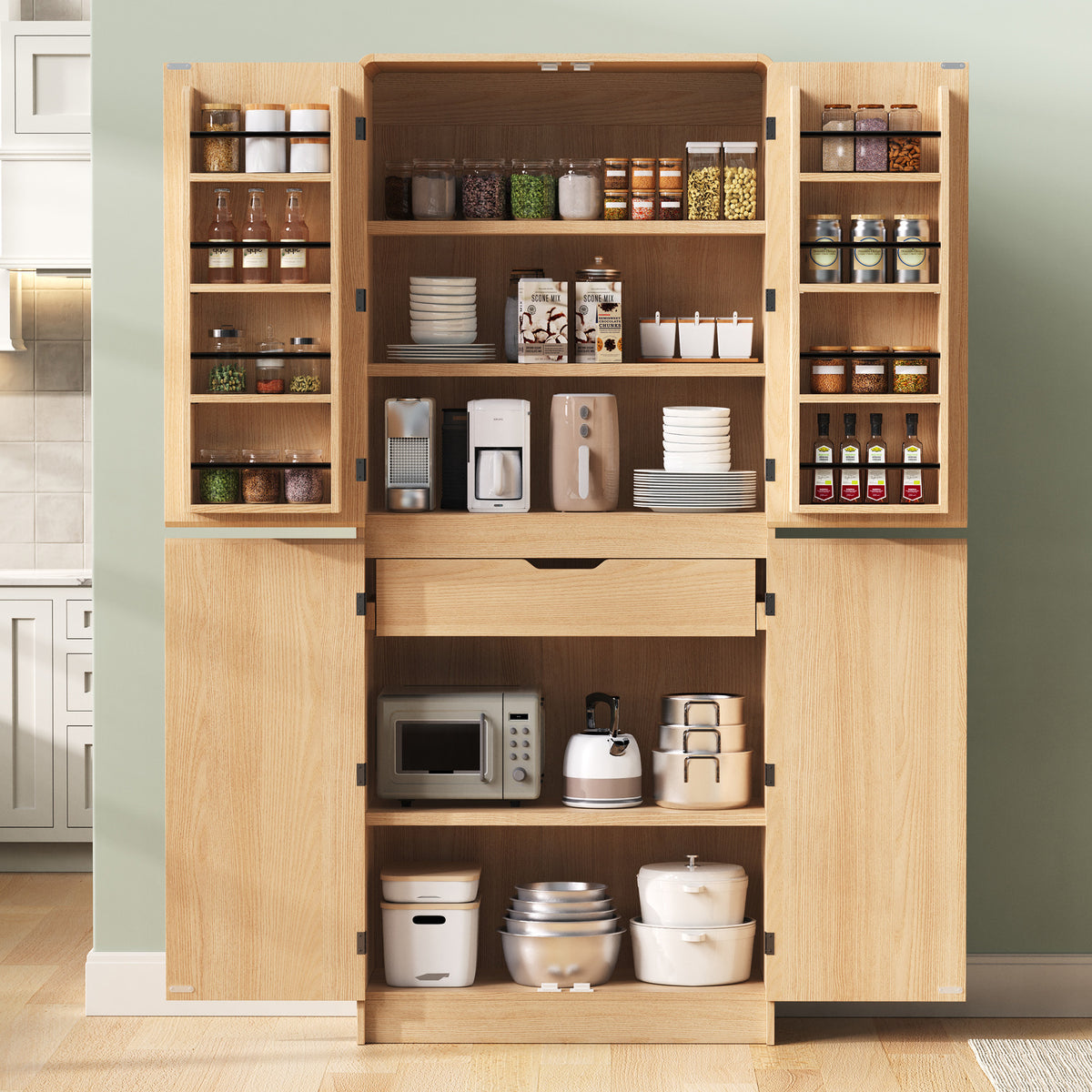 variant-group:rf-n707s000021y|Roomfitters 72" Tall Farmhouse Kitchen Pantry Cabinet with Curved Profile & 8 Door Shelves, Natural Oak
