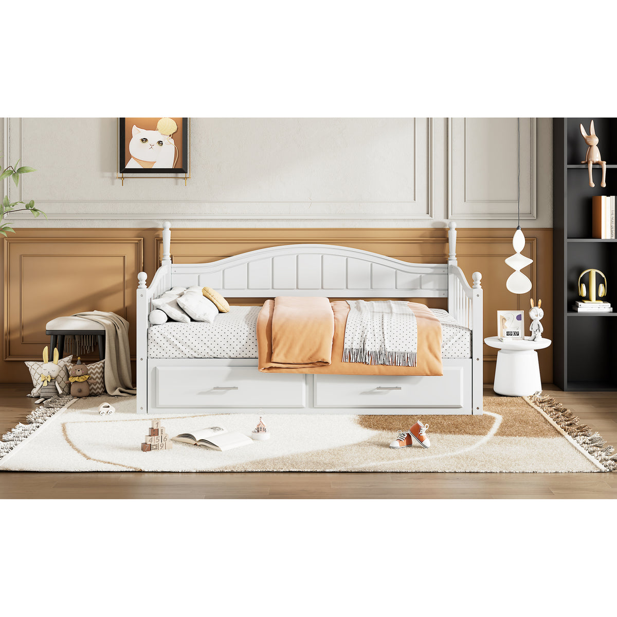 variant-group:rf-n733s173459k|Roomfitters Wooden Twin Size Daybed with Extendable Frame, Twin Trundle and Additional Storage Drawers, White