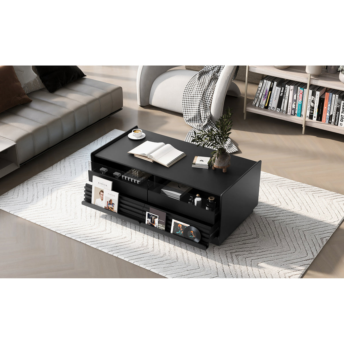 variant-group:rf-n724p286421b|Roomfitters Rectangle Coffee Table with Fluted Style, 4 Storage Compartments and Glass Display Shelves, Black