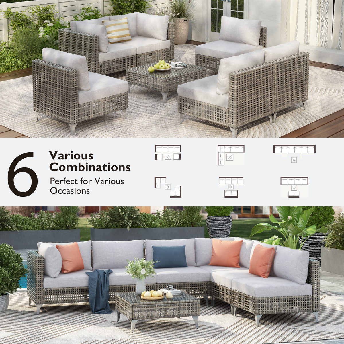 variant-group:rf-n707s000011g|Roomfitters 7-Piece Wicker Patio Furniture Set, Outdoor Sectional Sofa with Water-Resistant Cushions, Table, Grey