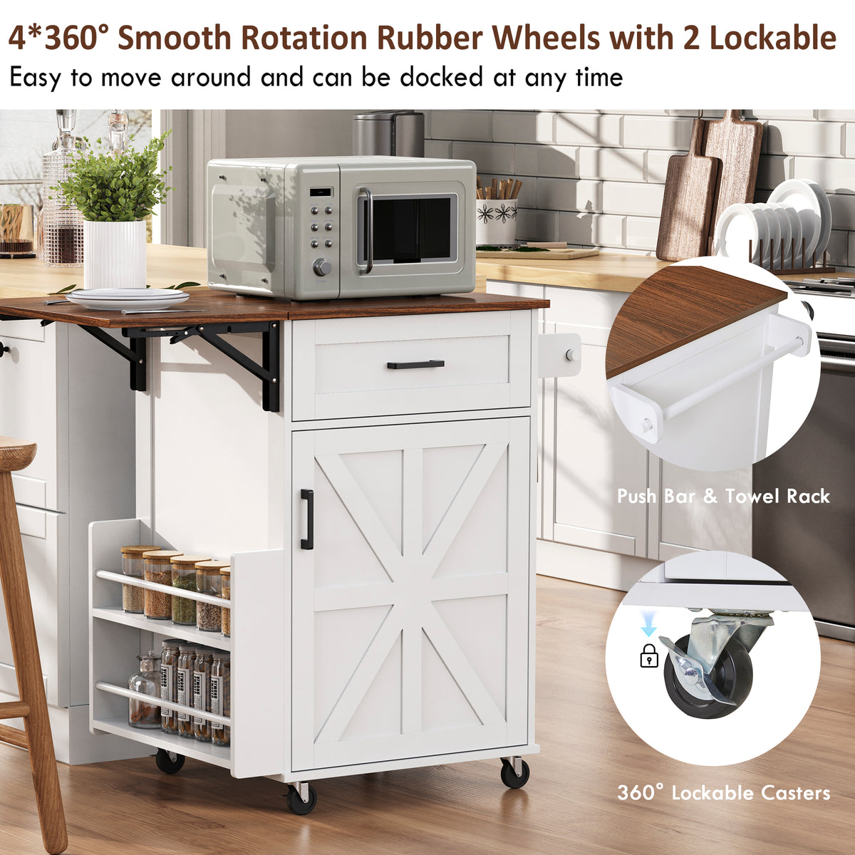variant-group:rf-n707p404539w|Roomfitters 39.3" Kitchen Island with Drop Leaf, Rolling Kitchen Cart with Storage Drawer and Spice Rack, Modern Style, White