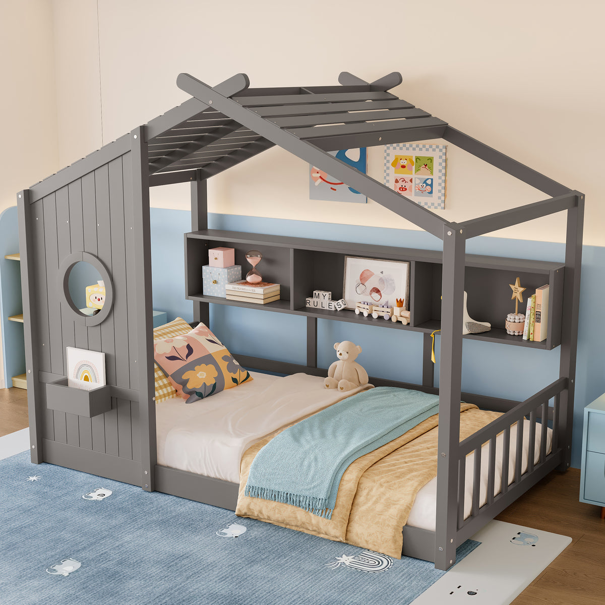 variant-group:rf-n733p335064e|Roomfitters Twin Size Floor House Bed with Storage Shelf and Roof Design, Montessori Playhouse Bed, Gray