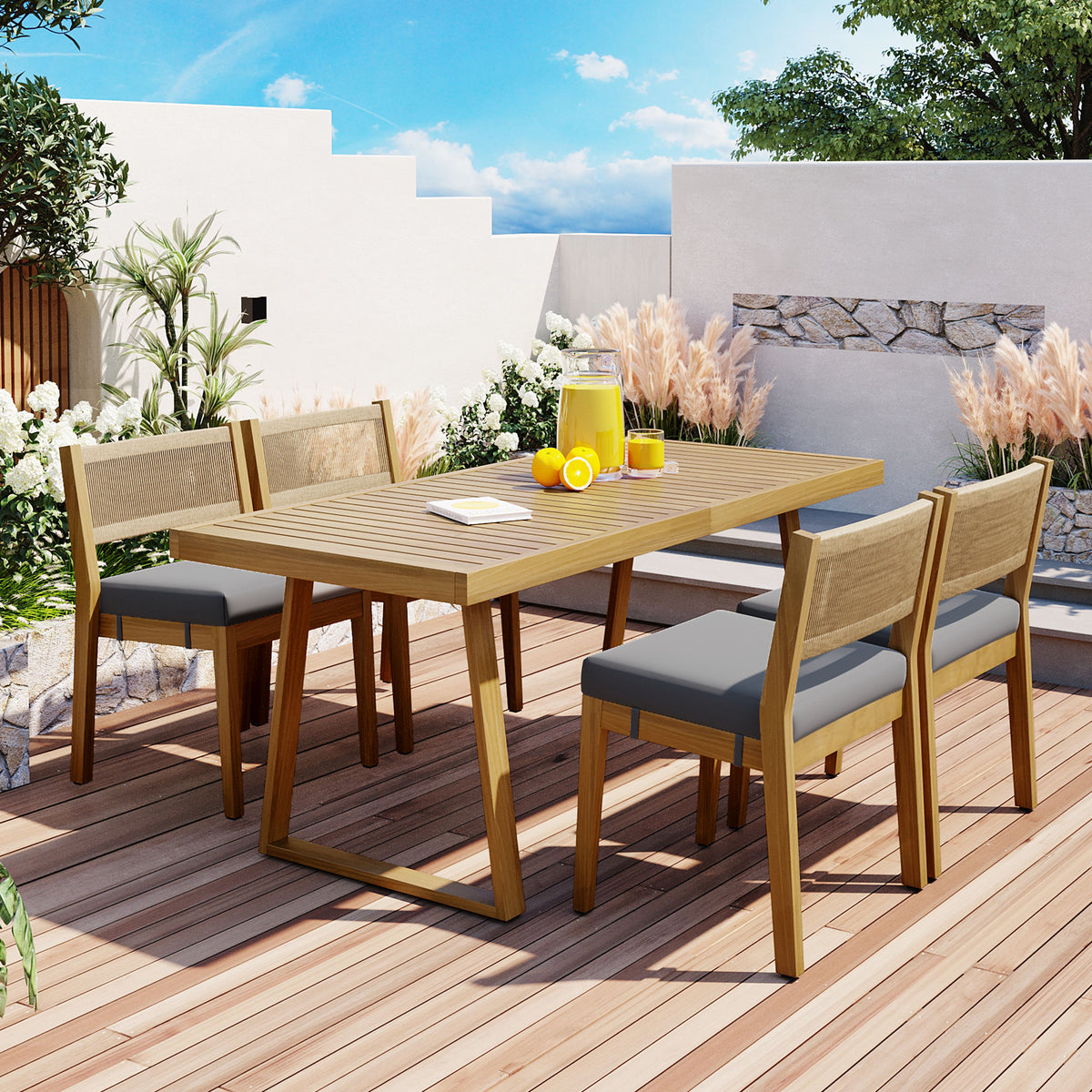 variant-group:rf-n711wy000393aae|Roomfitters Multi-Person Outdoor Acacia Wood Dining Table and Chair Set with Thick Cushions, Suitable for Balcony, Courtyard, Garden, Offering Durable and Comfortable Dining Solutions, Brown