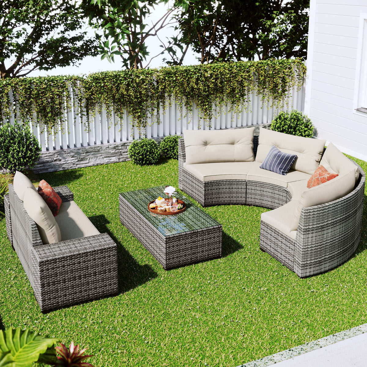 Roomfitters 8-Piece Outdoor Half-Moon Sectional Wicker Round Sofa Set with Tempered Glass Tables Beige Roomfitters
