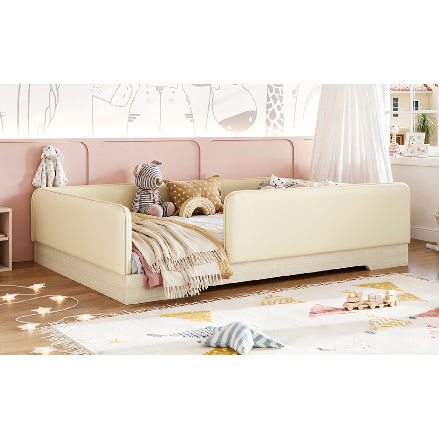 variant-group:rf-w1580s00671|Roomfitters Full Size Upholstered Floor Bed Frame with Removable Guardrails, Faux Leather Low Profile Platform, Beige
