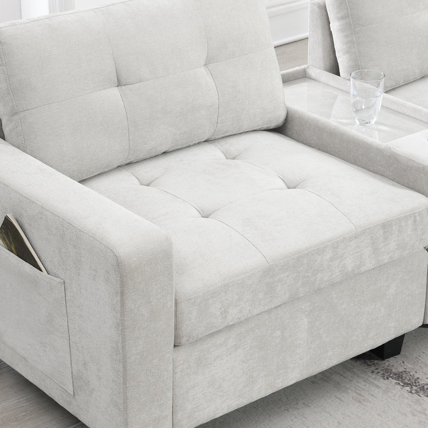 variant-group:rf-n723s1191k|Roomfitters 104 Inch Modular Sectional Sofa with Console and Cup Holders, Upholstered L-Shape Couch for Home Decor, Light Gray