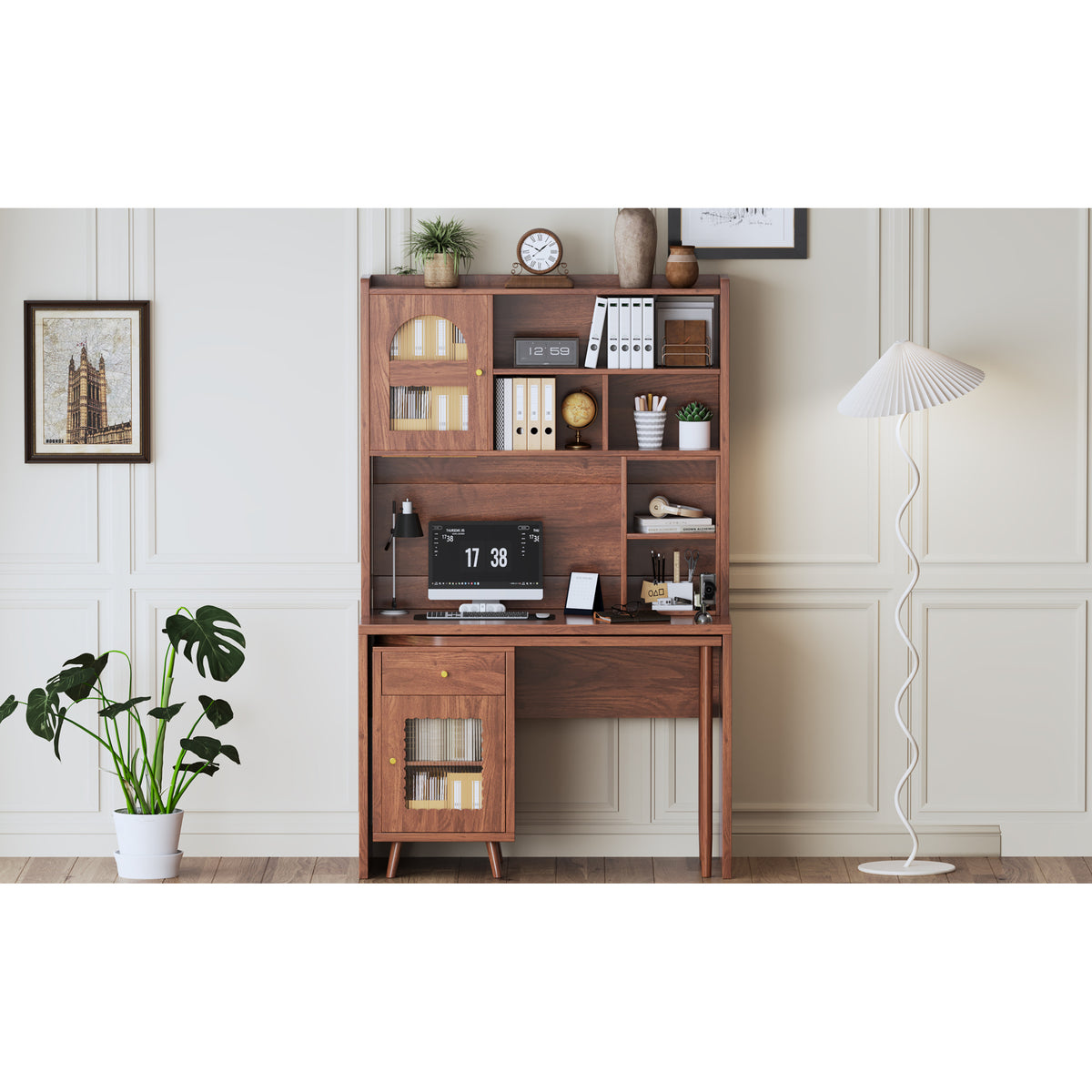 variant-group:rf-n733s363716d|Roomfitters Rotating L-Shaped Computer Desk with Shelves and Storage, 90° Swivel Office Writing Desk, Walnut