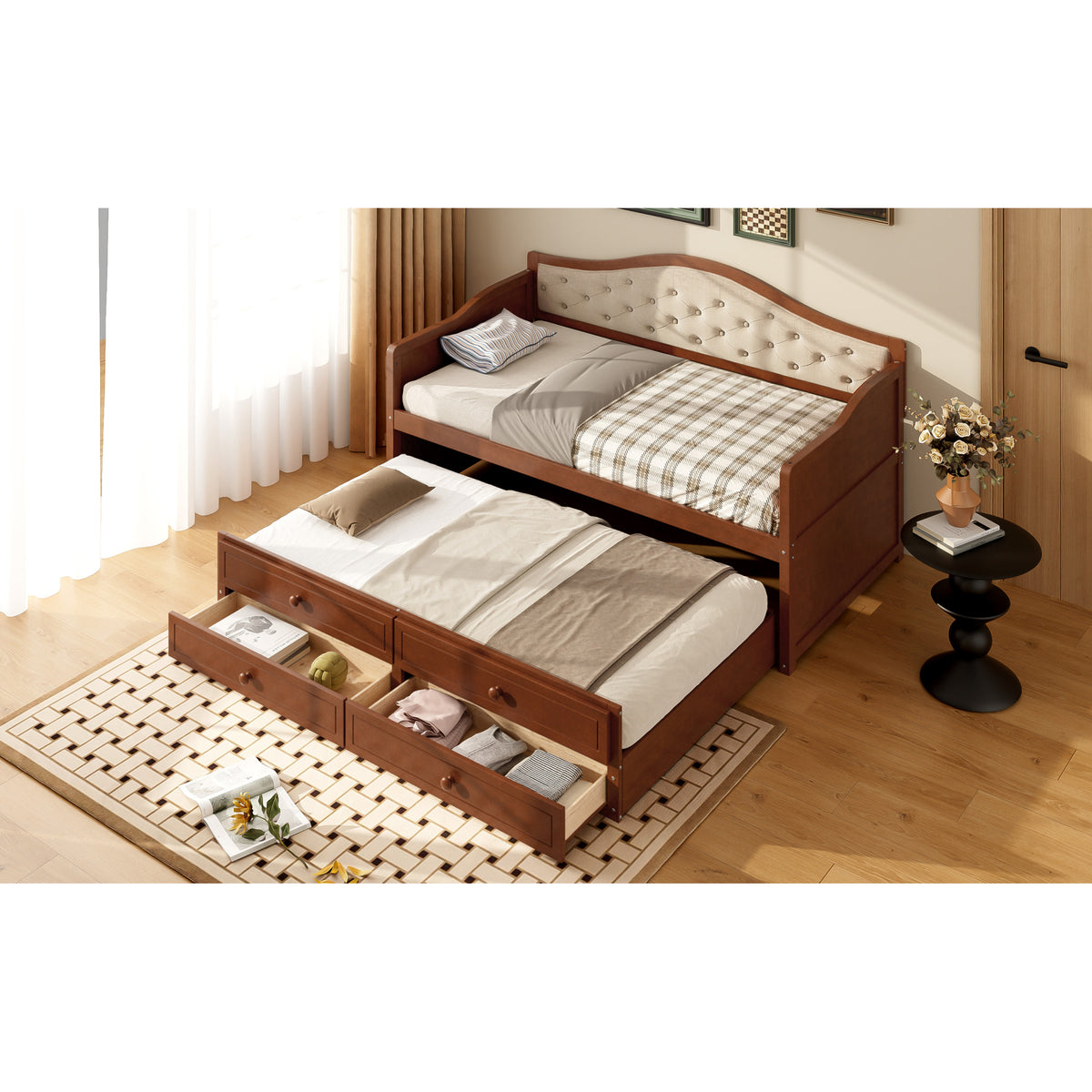 variant-group:rf-n733s346767d|Roomfitters Twin Daybed with Trundle, Wooden Sofa Bed with 2 Storage Drawers & Tufted Backrest, Walnut