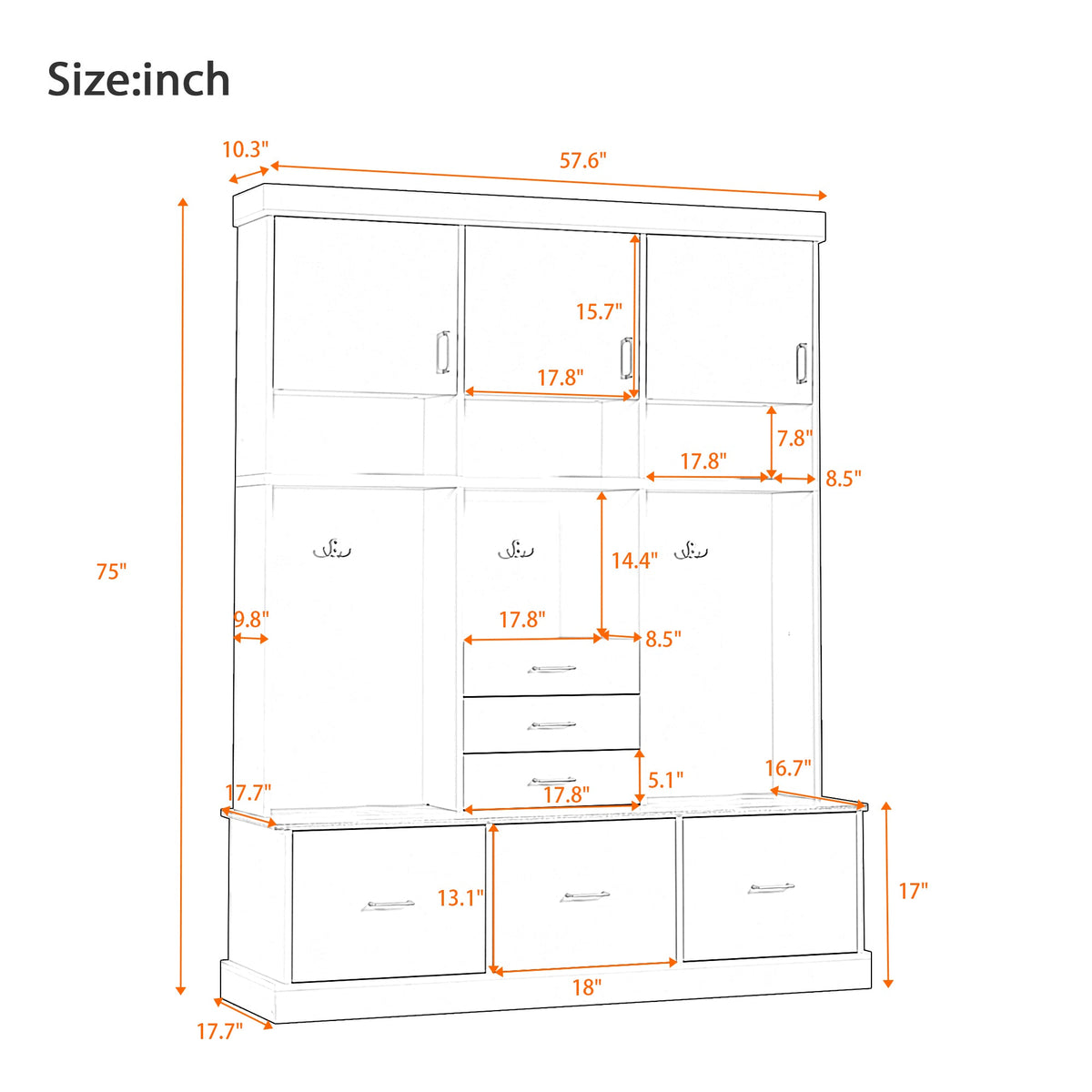 Roomfitters 5-in-1 Modern Entryway Hall Tree, 6 Drawers, 3 Wardrobe Cupboards, White Roomfitters