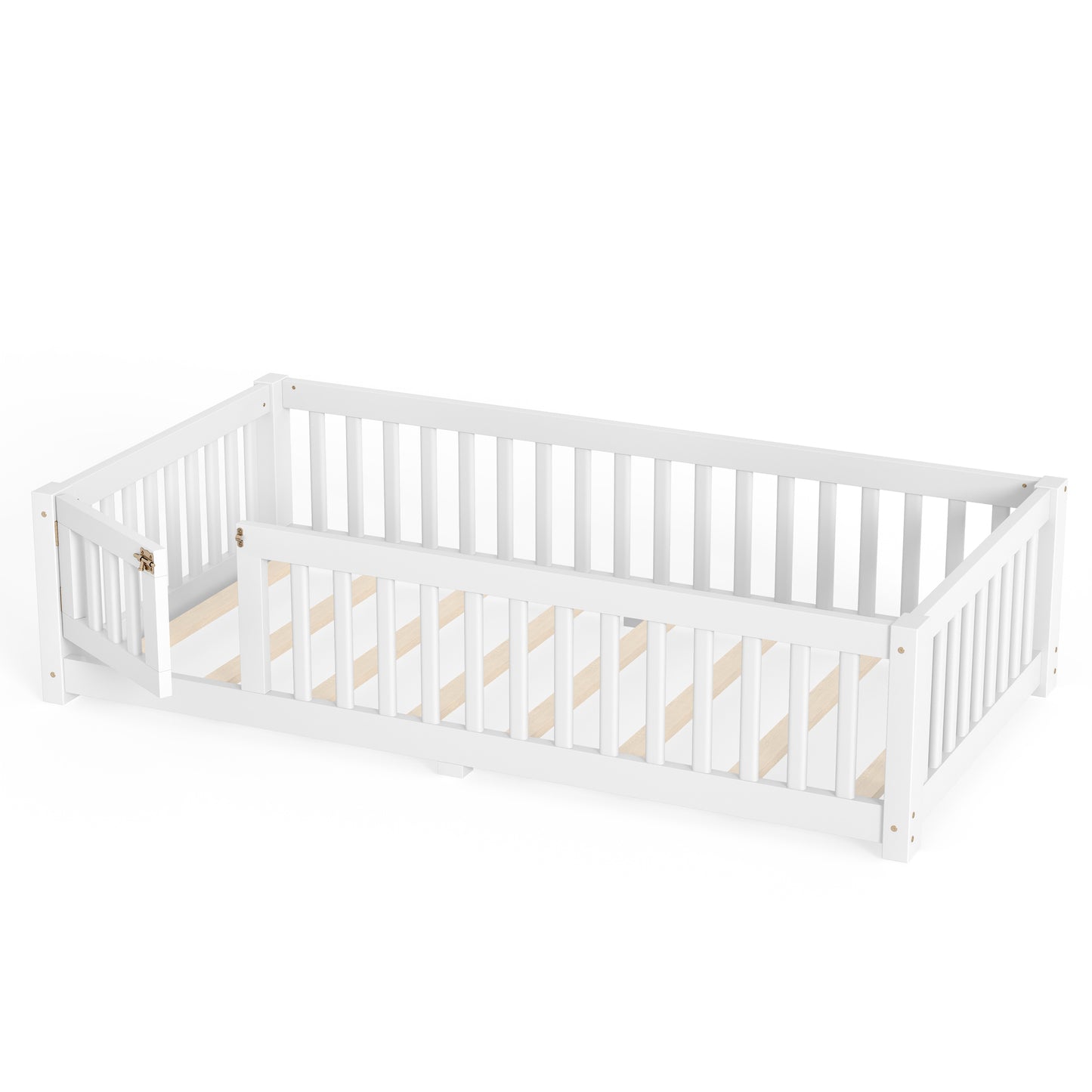 variant-group:rf-w1580p462311|Roomfitters Twin Size Wooden Floor Bed Frame with Safety Guardrails Door, Solid Wood Low Profile Toddler Play Bed, White