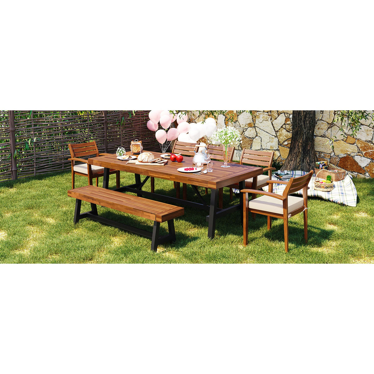 Roomfitters Outdoor Wood Dining Set for 7-8 Person, Outdoor Dining Furniture with Removable Cushions, Ergonomic Chairs and Bench, Thicker Table, Wood Tone Roomfitters