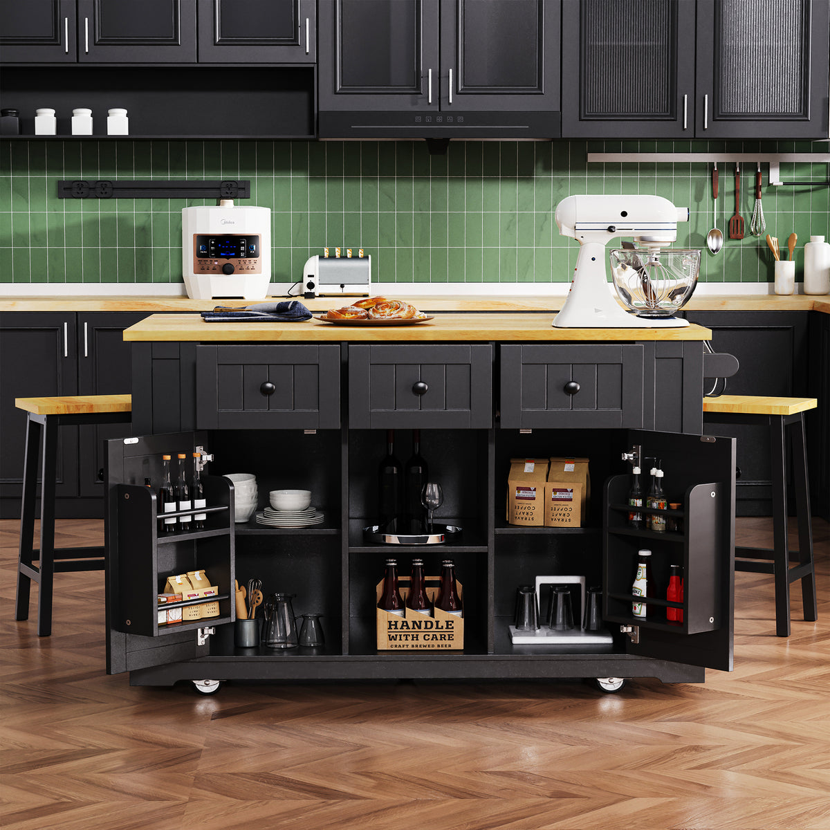 variant-group:rf-n707s003007b|Roomfitters 53" Kitchen Island with 2 Bar Stools, Drop Leaf, Power Outlet, Rolling Kitchen Cart Set with Storage, Black