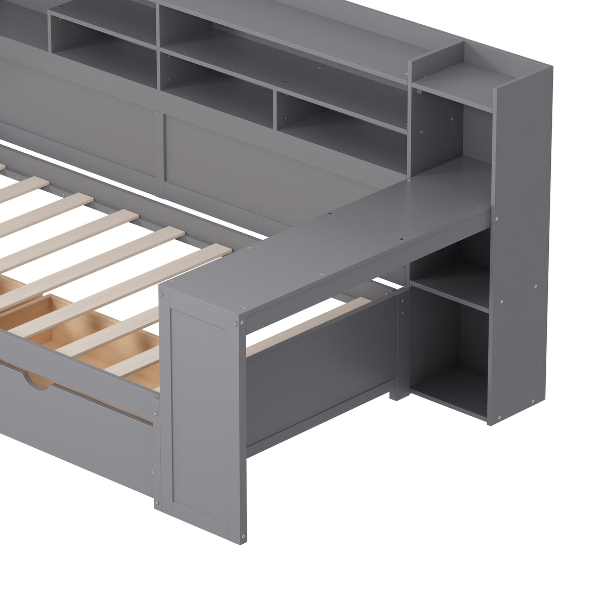 variant-group:rf-n733s241484e|Roomfitters Wooden Twin Size Daybed with Storage Shelves, Multi-functional Bed with Two Storage Compartments and Study Desk, Gray