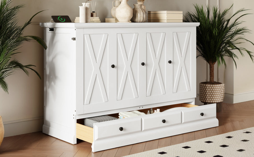 variant-group:rf-n701bs701p170501k|Roomfitters Full Size Murphy Bed Cabinet with Charging Station and Storage Drawer, Freestanding Fold Out Guest Bed, White