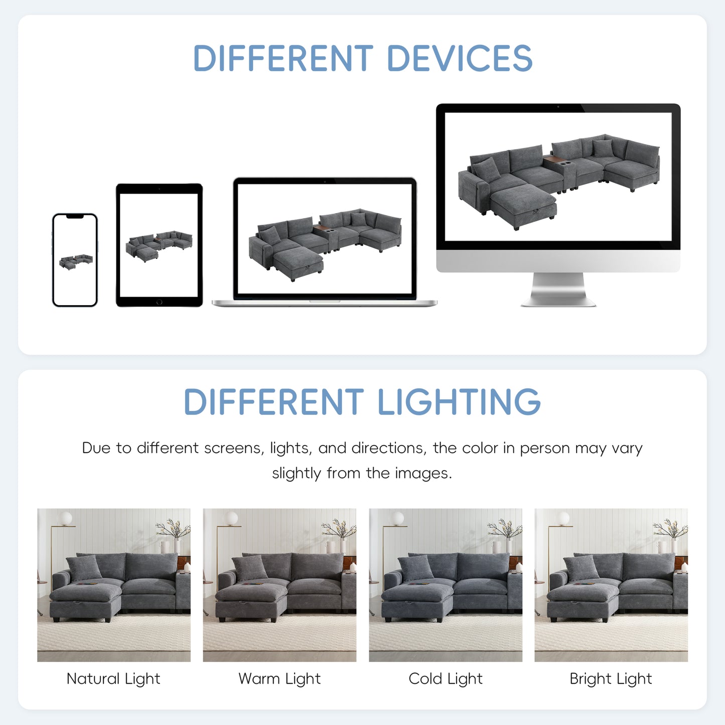 variant-group:rf-n723s1166e|Roomfitters 139 Inch U-Shaped Modular Sectional Sofa with Storage Console, Cup Holders and USB Ports for Living Room, Gray
