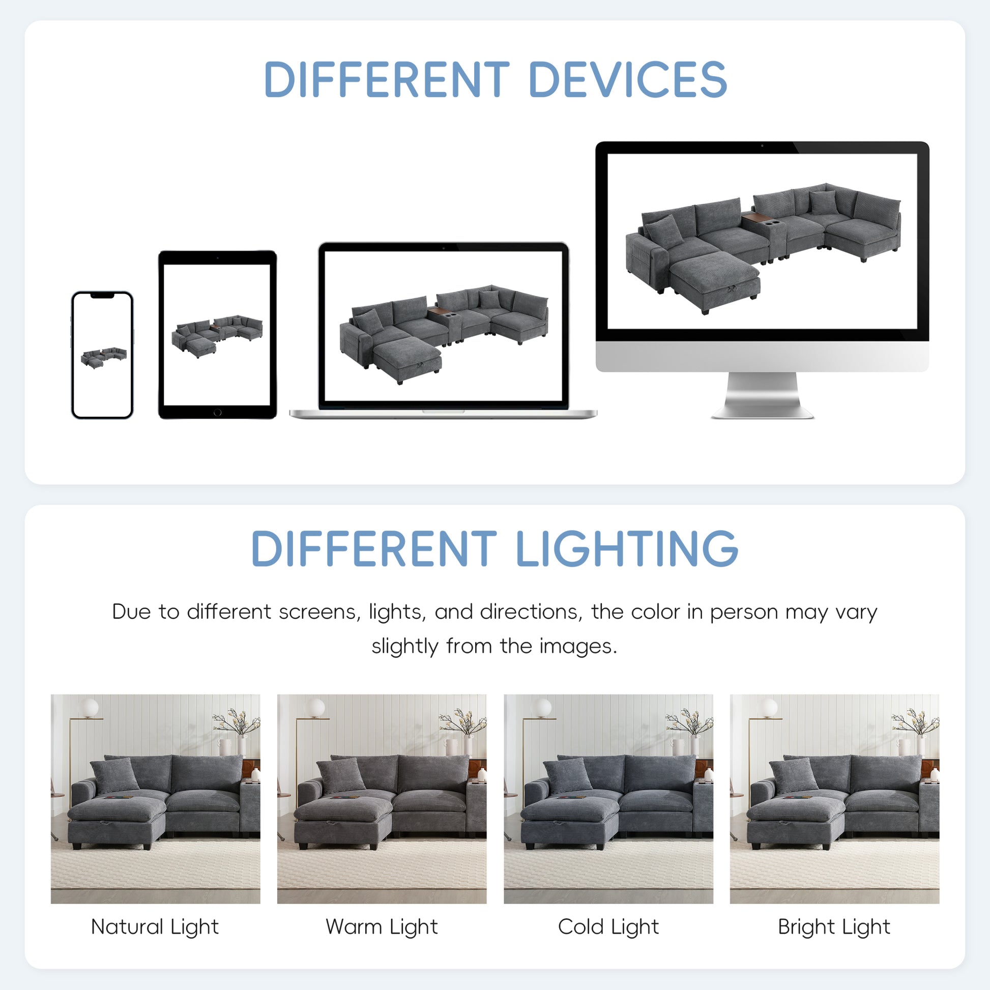 variant-group:rf-n723s1166e|Roomfitters 139 Inch U-Shaped Modular Sectional Sofa with Storage Console, Cup Holders and USB Ports for Living Room, Gray