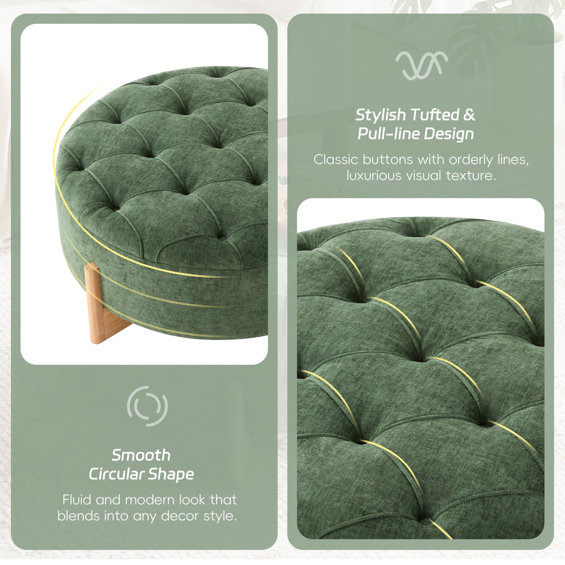 variant-group:rf-n723p405298g|Roomfitters 32 Inch Oversized Round Button-Tufted Ottoman, Upholstered Coffee Table Footrest with Wood Legs, Green