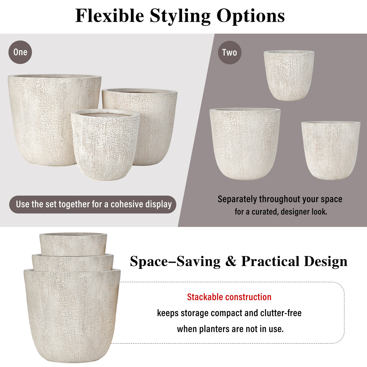 variant-group:rf-n711p406660a|Roomfitters Lightweight MGO Planter Set of 3, Round Weather Resistant Outdoor Indoor Flower Pots for Garden Patio, Beige