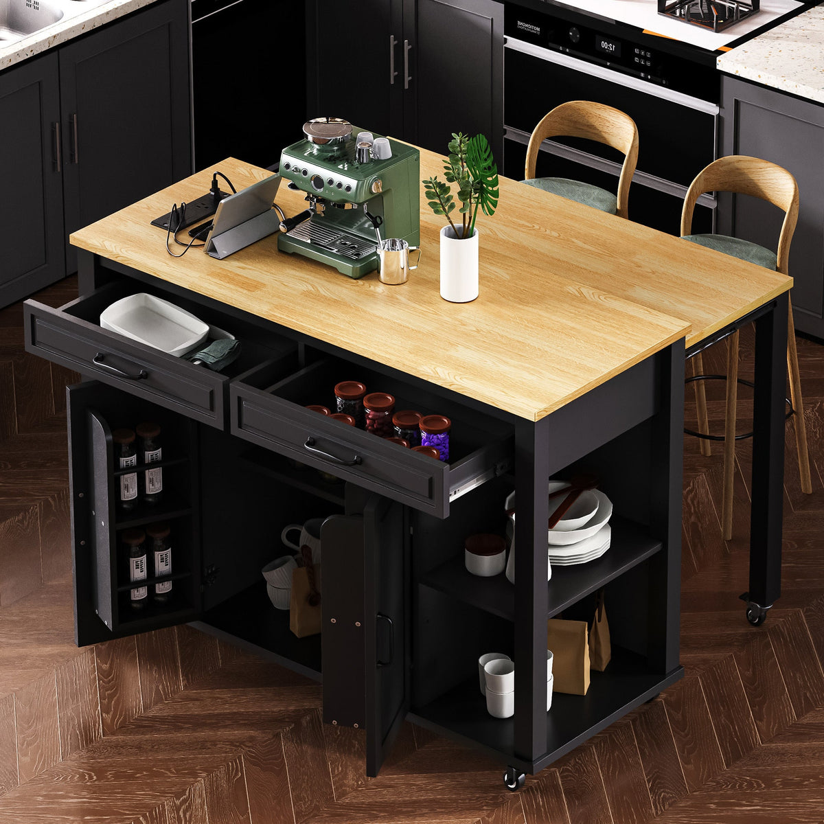 Roomfitters 47" Kitchen Island with Slide-Out Dining Table, Mobile Cart with Built-in Outlets, Internal Racks, Black