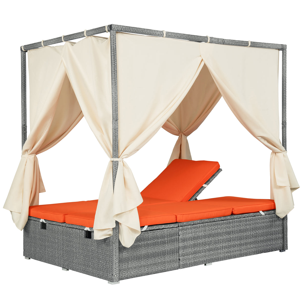 variant-group:rf-n711wy000471aao|Roomfitters Modern Tropical Orange PE Rattan Outdoor Double Sun Lounger, Patio Daybed, Adjustable Recline, Canopy