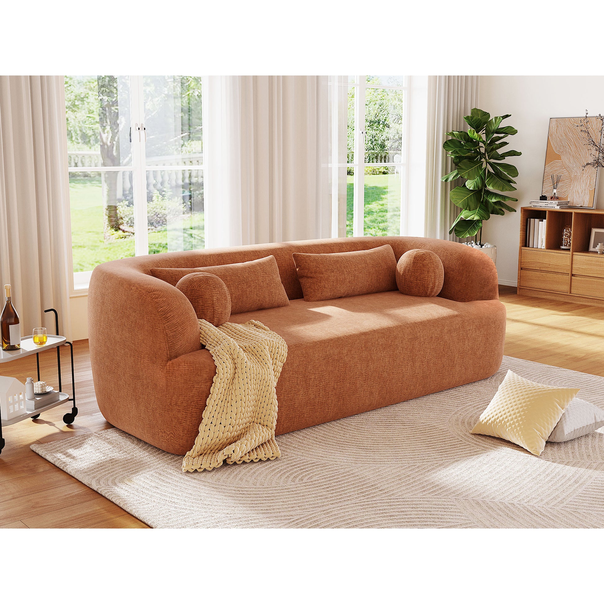 variant-group:rf-n723p404465g|Roomfitters 86 Inch Modern Curvy Sofa, 3-Seater Rounded Upholstered Couch with Plush Throw Pillows for Living Room, Orange