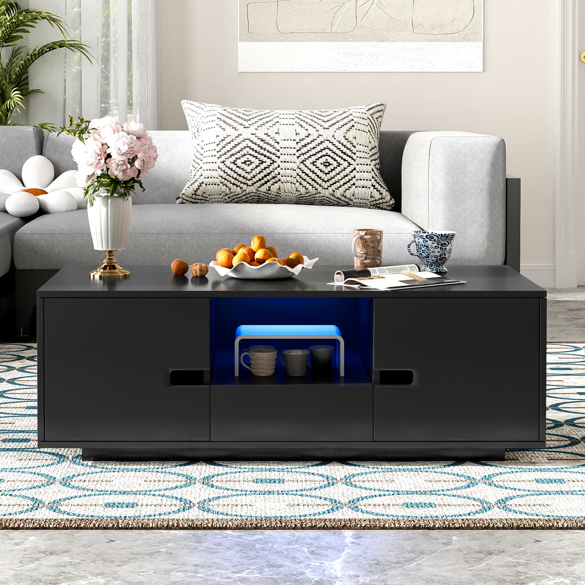 variant-group:rf-n724p294656b|Roomfitters Modern Glossy Coffee Table with Storage Space and Light Accent, Rectangle Center Table for Living Room, Black