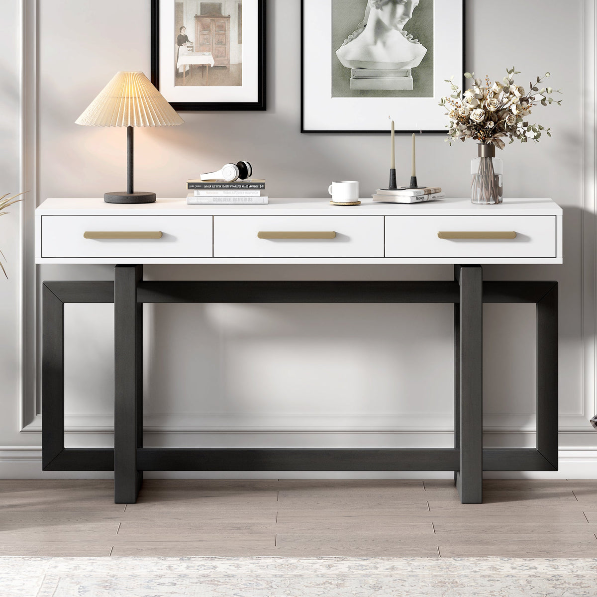 Roomfitters Elegant Console Table with Three Drawers, Extra Long Entryway Table for Entryway, Hallway, Living Room, Grey+White Roomfitters