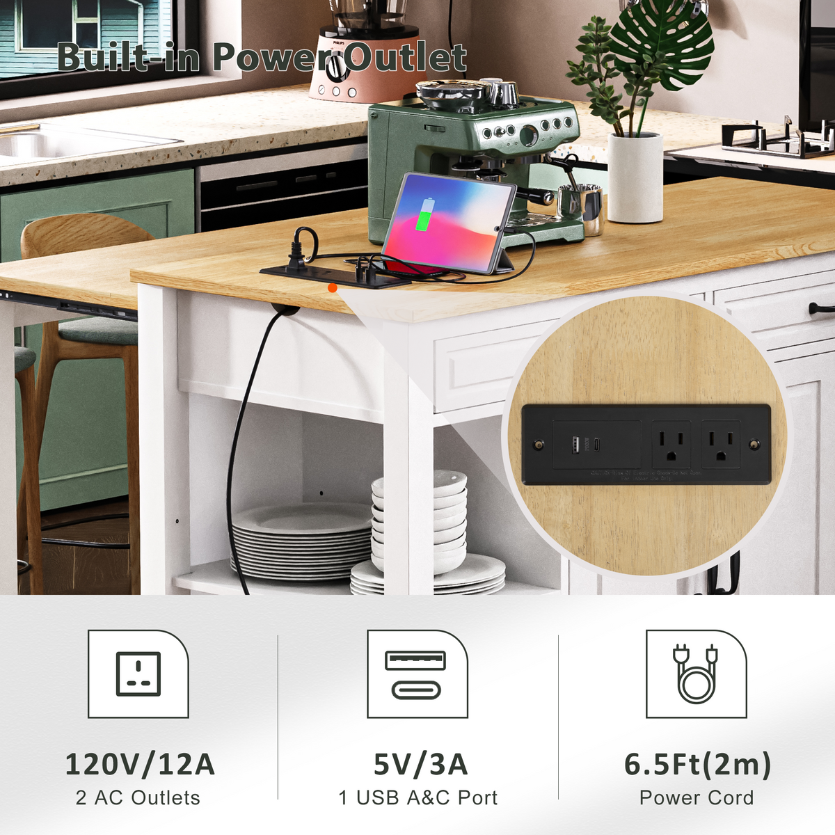 variant-group:rf-n707p215327w|Roomfitters 47" Kitchen Island with Extendable Dining Table, Storage Cabinet, Power Outlet, Rubber Wood Veneer, White