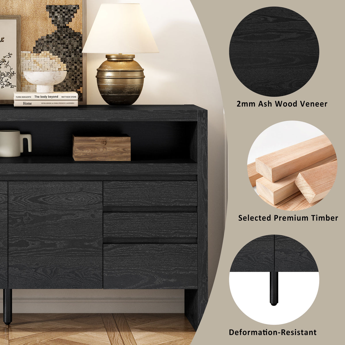 variant-group:rf-n711p289141b|Roomfitters 60" Modern Solid Wood Veneer Sideboard with 3 Doors & 3 Drawers, Open Shelf & Cable Cutout, Large Storage Cabinet for Dining, Hallway, Living Room, Black