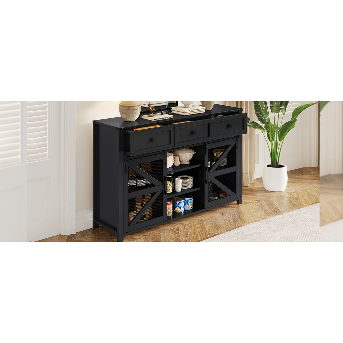 variant-group:rf-n711p347384b|Roomfitters 55" Sideboard Buffet Cabinet with 3 Drawers and Sliding Barn Doors, Farmhouse Storage for Kitchen & Dining, Black