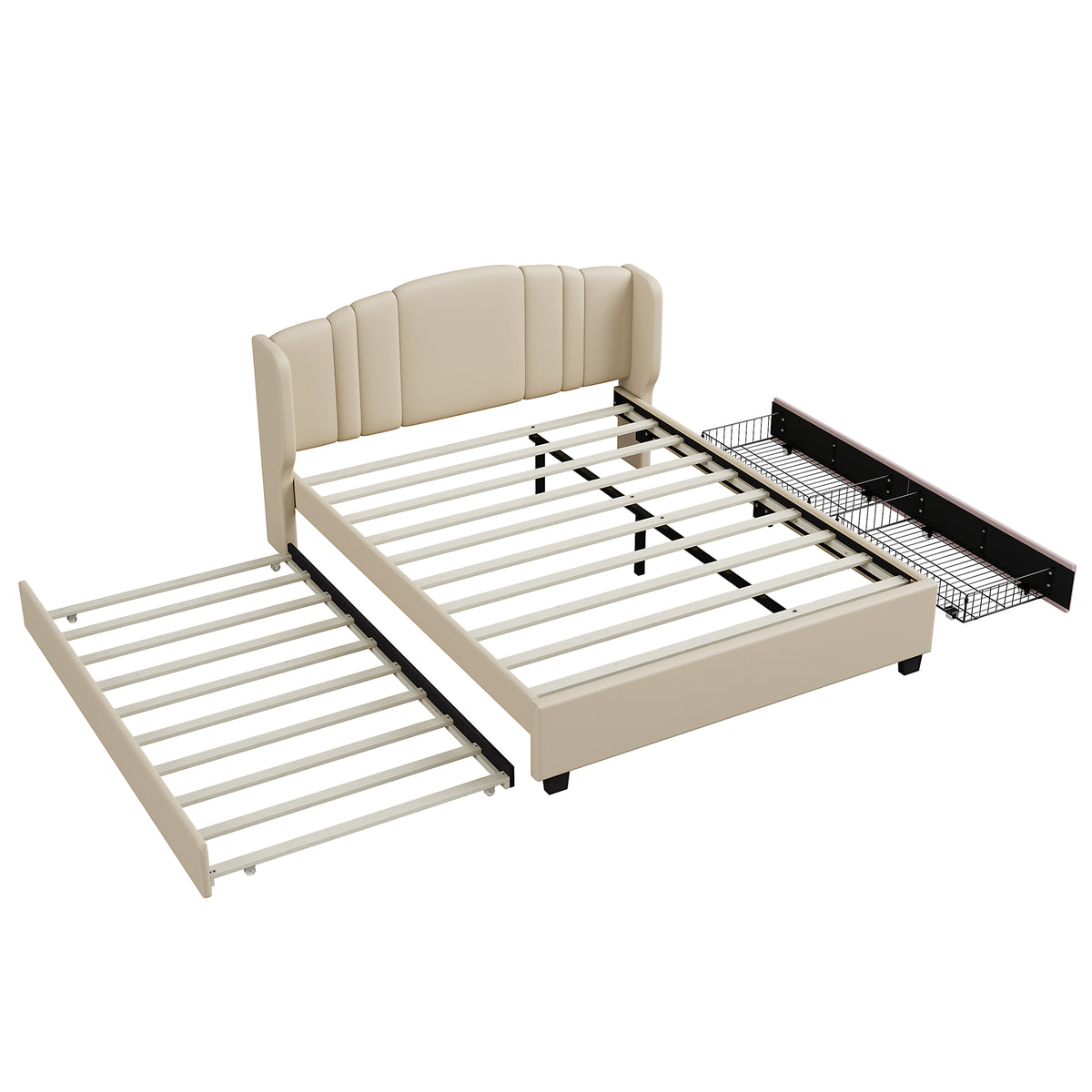 variant-group:rf-n733s208132a|Roomfitters Twin Size Trundle Upholstered Platform Bed with Wingback Headboard and 2 Drawers, No Box Spring Needed, Linen Fabric, Queen Size, Beige