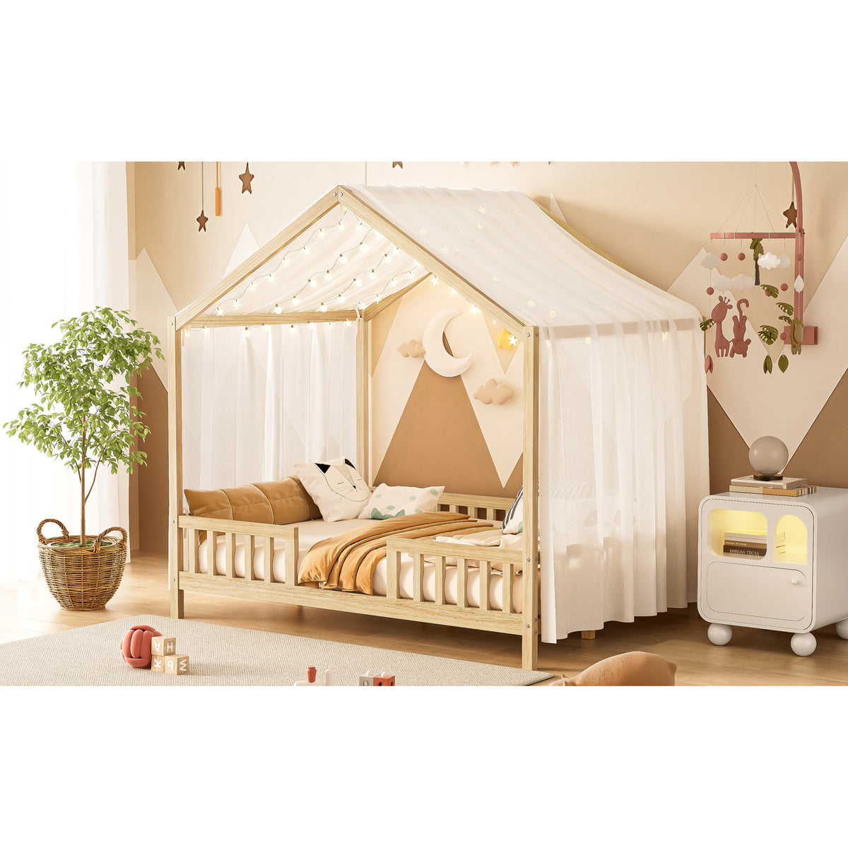 variant-group:rf-n733p356048m|Roomfitters Full Montessori Floor Bed with Canopy, House Shape Wood Frame with Safety Rails, Platform Bed, Natural