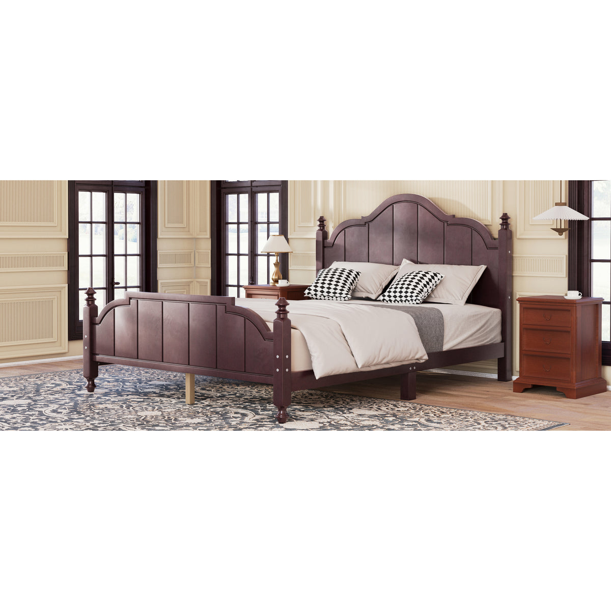 variant-group:rf-n733p360940p|Roomfitters Queen Wood Platform Bed Frame with Curved Headboard, Vintage Style Slat Support, No Box Spring Required, Espresso