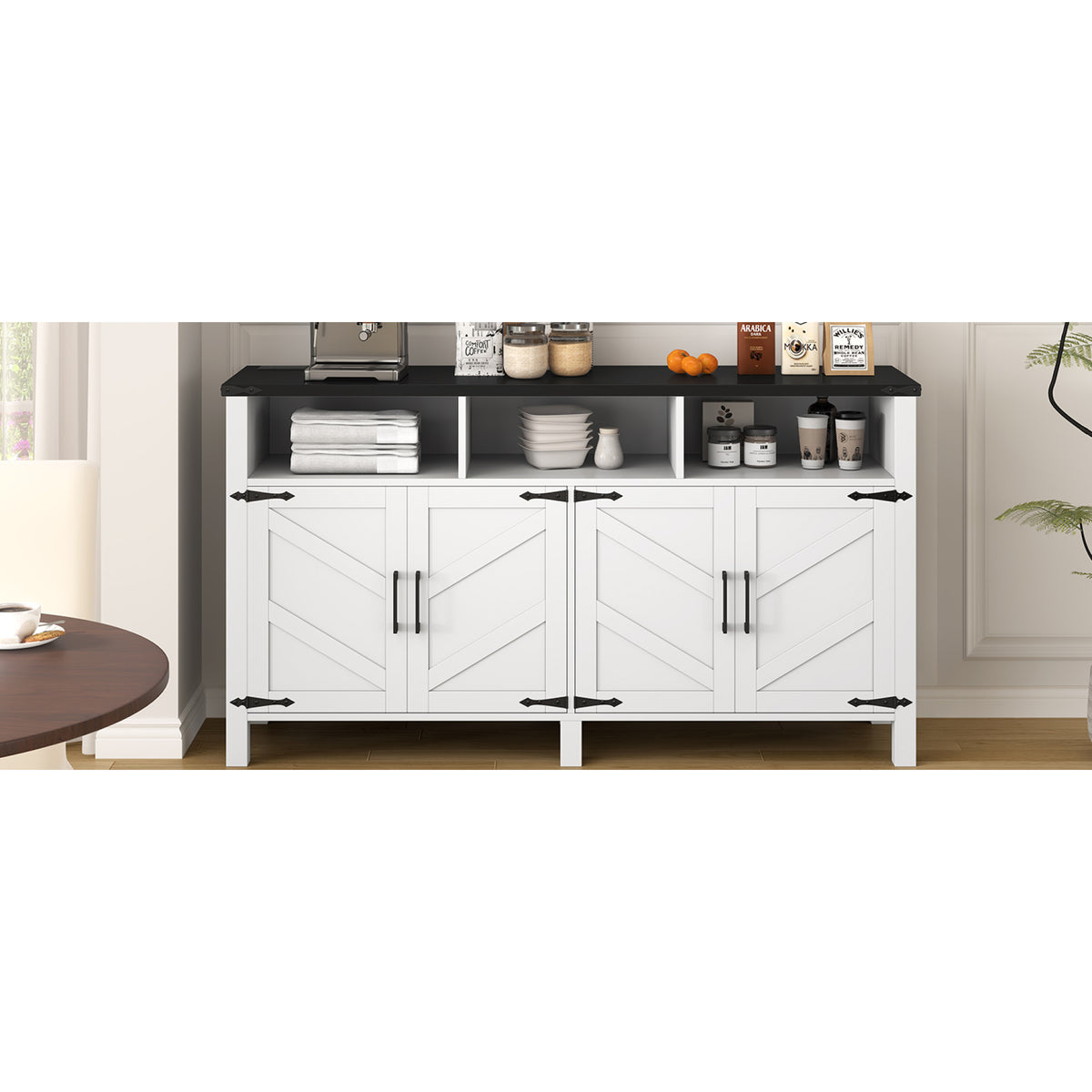 variant-group:rf-n711p347407k|Roomfitters 59" Sideboard Buffet Cabinet with 4 Door & Open Storage, Modern Farmhouse Industrial Coffee Bar Station, White+Black