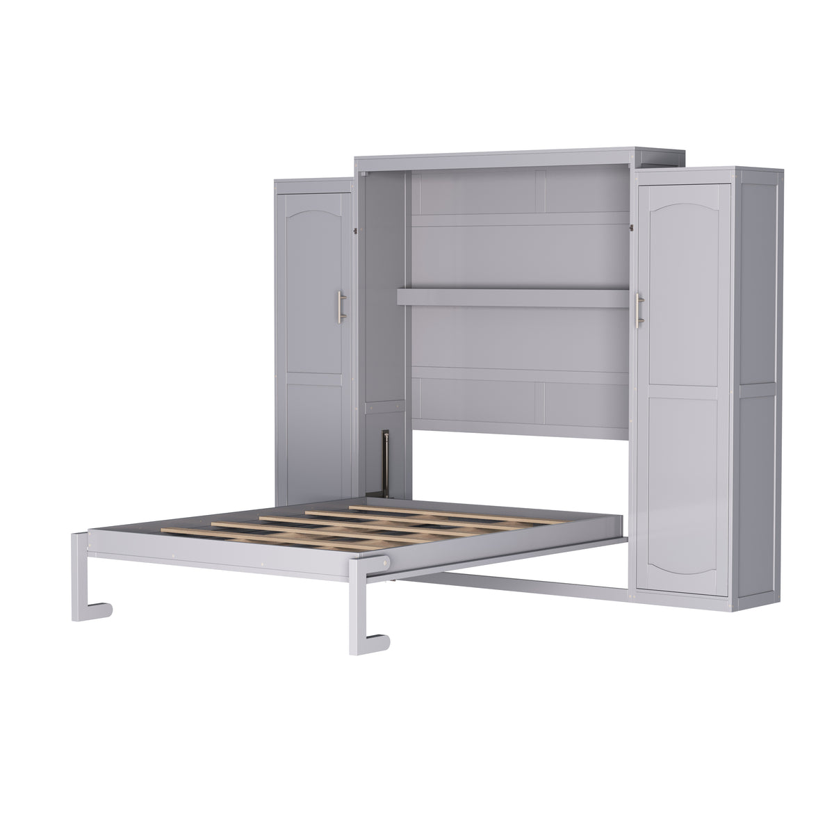 variant-group:rf-n733s235596e|Roomfitters Full Murphy Wall Bed with Two Wardrobes and Storage Shelf, Foldable Platform Bed Frame for Guest Room, Gray