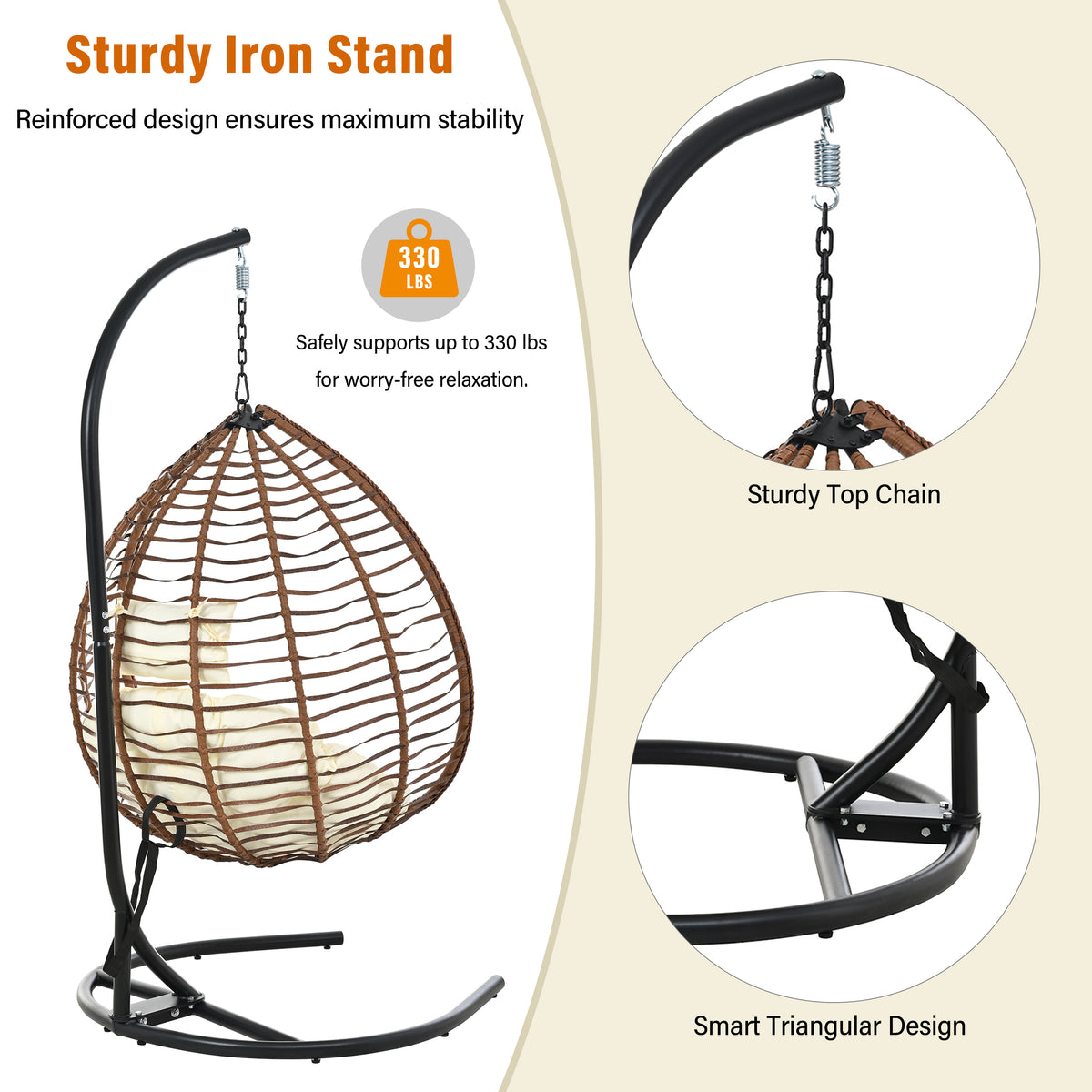 variant-group:rf-n711p389502k|Roomfitters Indoor Outdoor Hanging Egg Hammock Chair with Stand, Wicker Rattan Swing for Patio and Bedroom, Brown+Beige