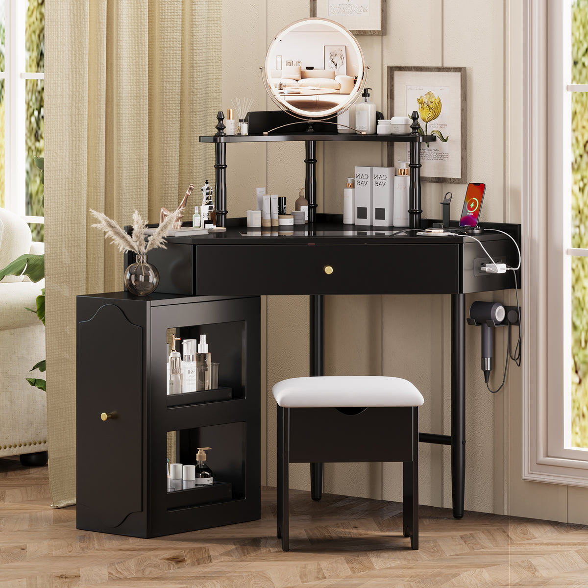 variant-group:rf-n733p336237b|Roomfitters Corner Vanity Desk Set with Stool, Charging Station, Glass Top, Drawer, Shelf, Pull-Out Cabinet, Black