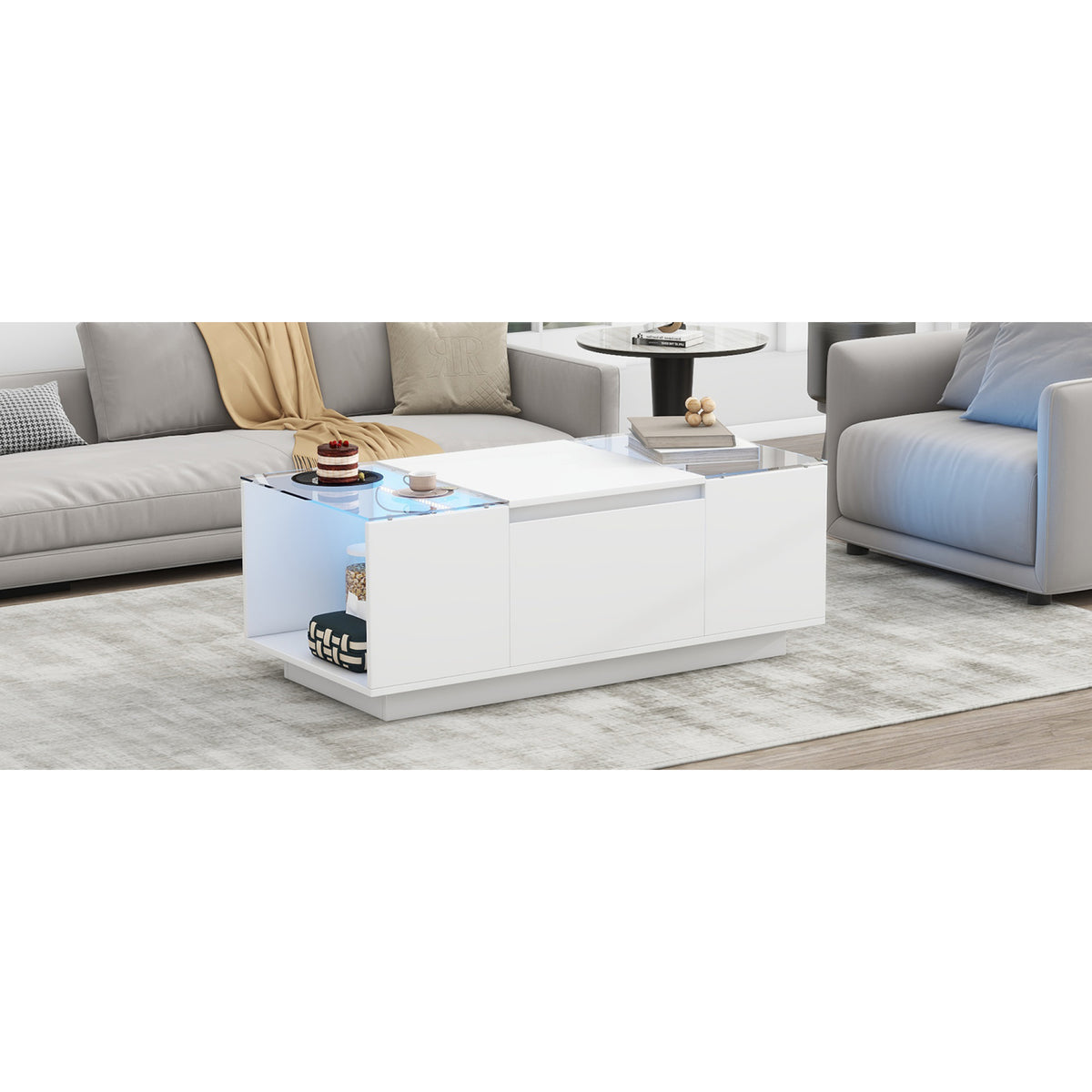 variant-group:rf-n724p290056k|Roomfitters Modern Center Coffee Table with High Gloss Finish, Glass Top and Hidden Storage Compartments, White