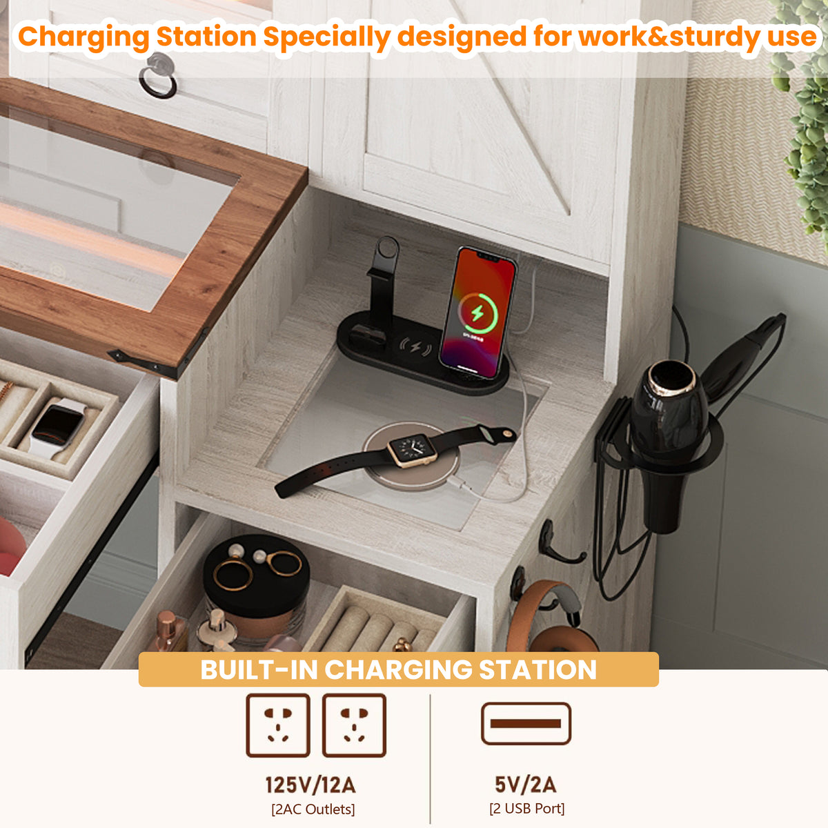 variant-group:rf-n733p340562k|Roomfitters Farmhouse Vanity Desk with Sliding Mirror & Lights, Glass Top, Charging Station, 4 Drawers, 2 Cabinets, Stool, White