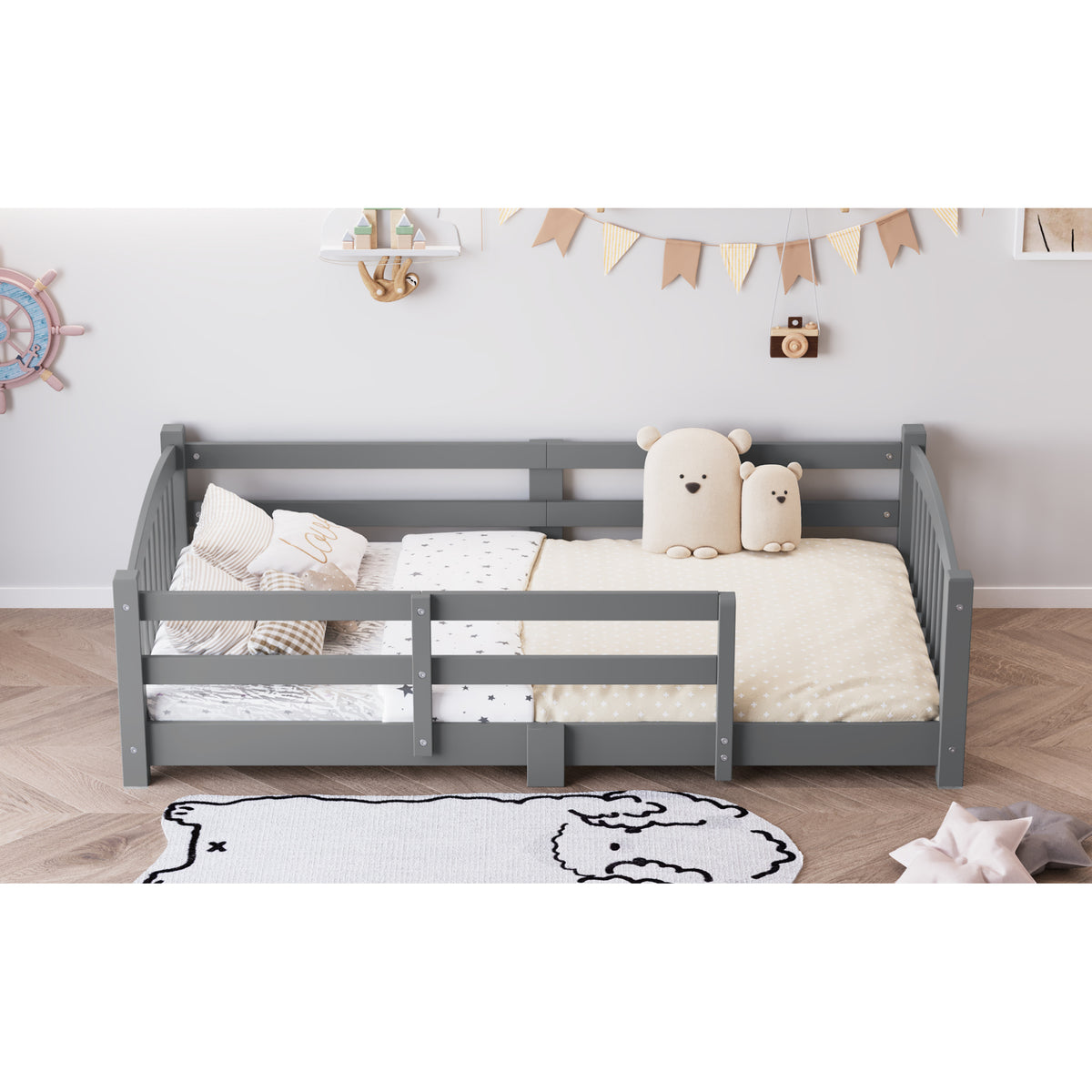 variant-group:rf-n733p400298e|Roomfitters Twin Montessori Floor Bed with Guardrails, Solid Wood Low Platform Bed with Slats, Easy Assembly, Gray