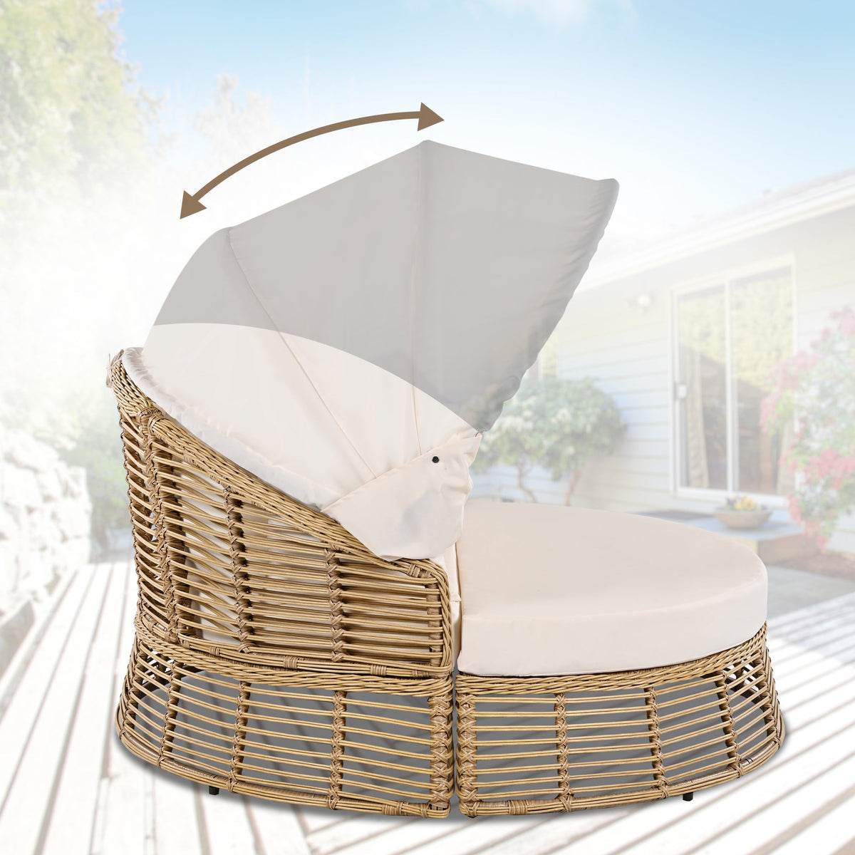 Roomfitters Outdoor Patio Rattan Round Daybed with Retractable Canopy and Removable Wicker Sectional Cushions Roomfitters