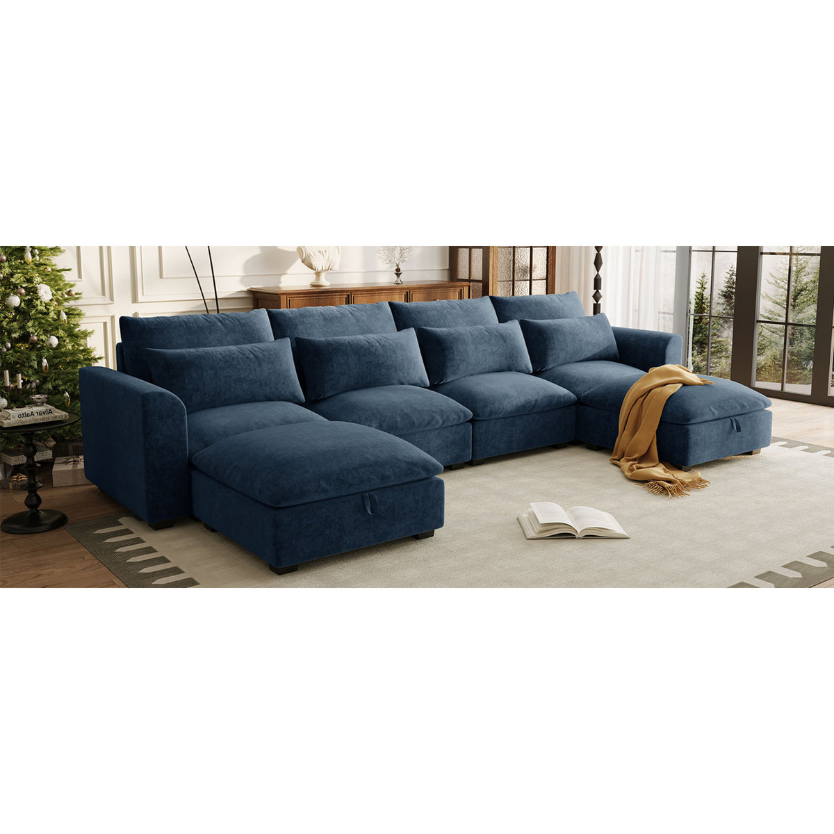 variant-group:rf-n711wy000491aac|Roomfitters 131.3-Inch Modern U-Shaped Sectional Sofa, 6-Seater Linen Blend Couch, 2 Storage Ottomans, Pit Lounge, Dark Blue