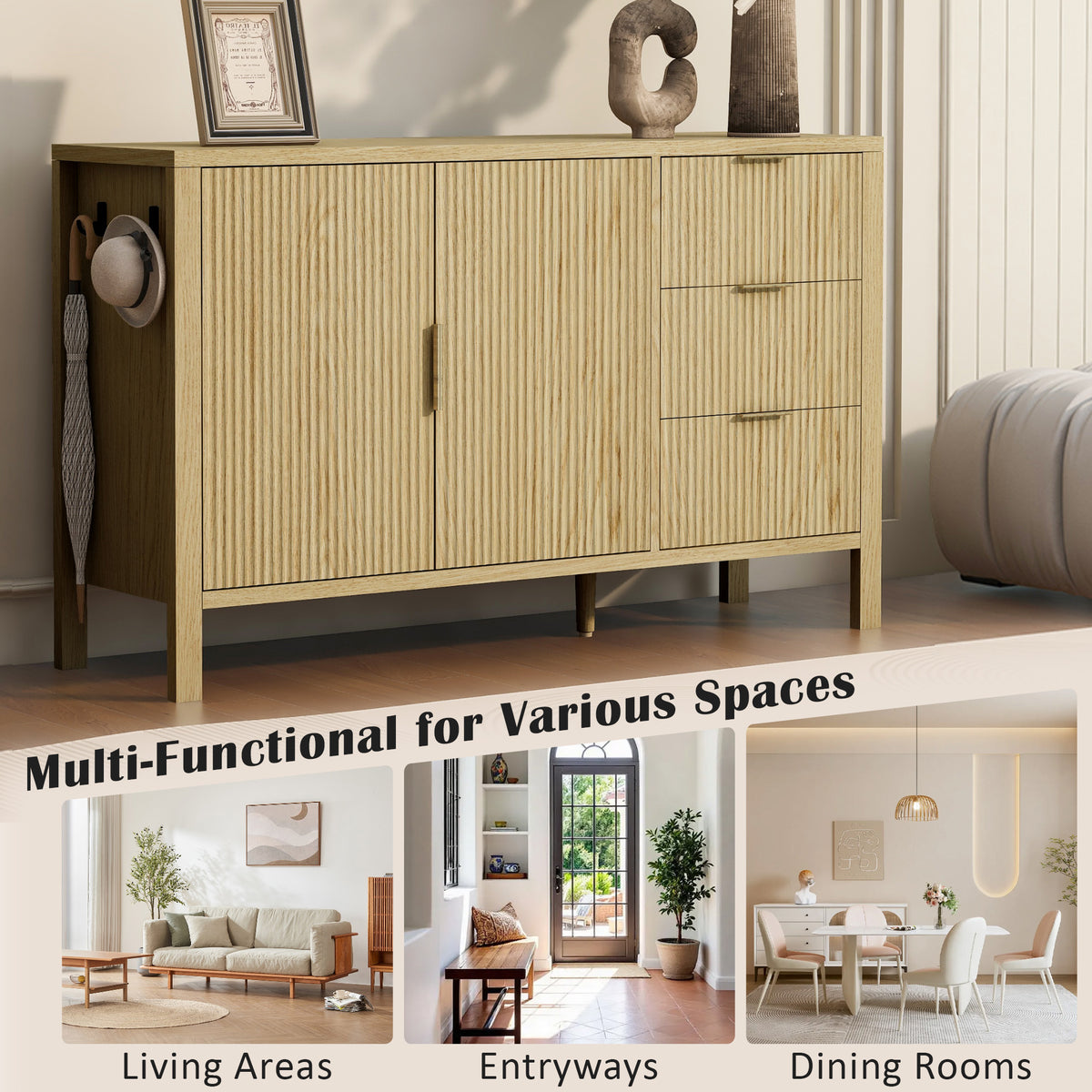 variant-group:rf-n711p345172o|Roomfitters Sideboard Buffet Cabinet with 3 Drawers, 2 Door Mid-century Fluted Accent Storage for Kitchen & Dining, Natural