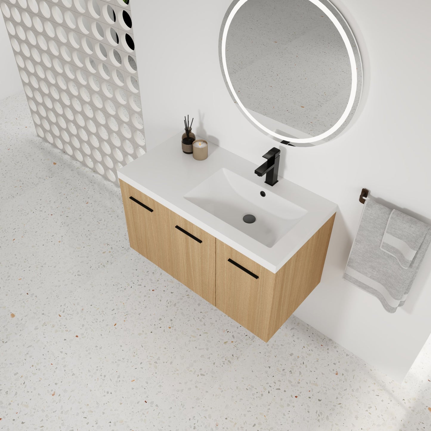 36" Wall-Mounted Floating Bathroom Vanity with Sink, Light Oak, 3-Door Modular Cabinet (2-Door + 1-Door), Gel Coat Integrated Sink Top, 3 Boxes, Ready-to-Assemble Roomfitters