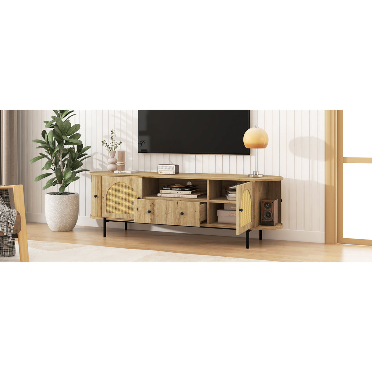 variant-group:rf-n724p437189d|Roomfitters American Style TV Stand with Rattan Arched Doors, Steel Legs, Burly Wood