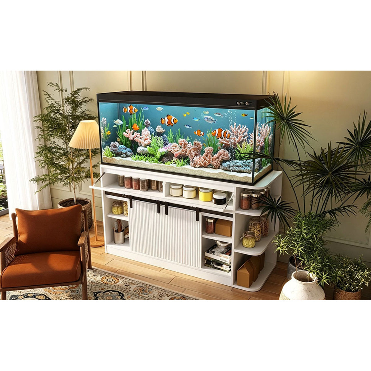 Roomfitters 75 Gallon Fish Tank Stand with Smart App RGB LED Lights Sliding Fluted Doors and Power Outlets White Roomfitters