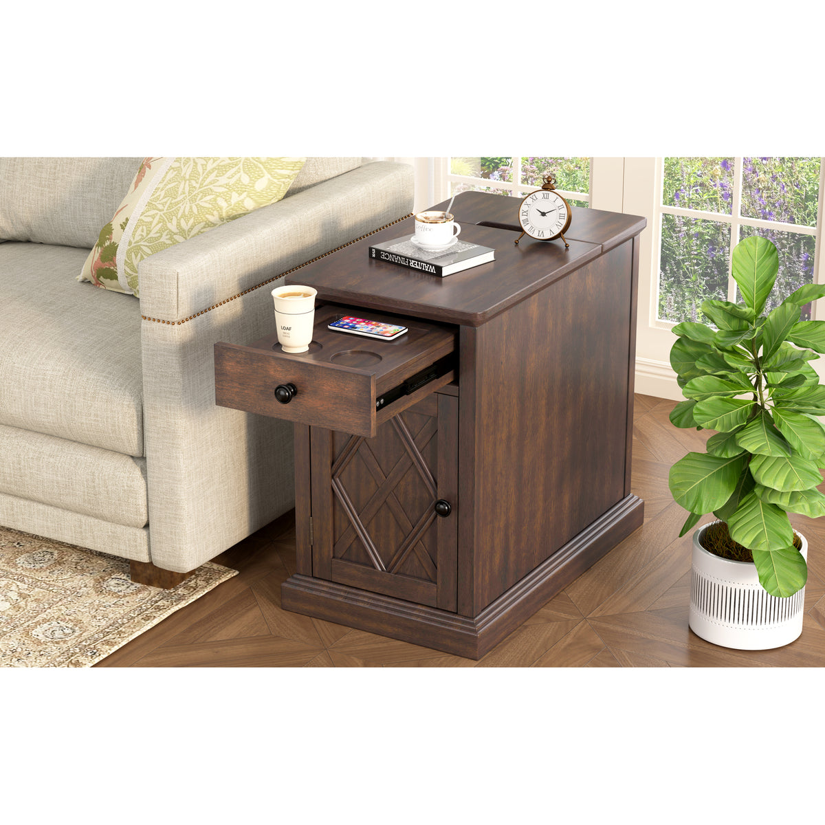 variant-group:rf-n724p353565d|Roomfitters Classic Charging End Table with USB Ports and Storage Drawer, Antique Brown
