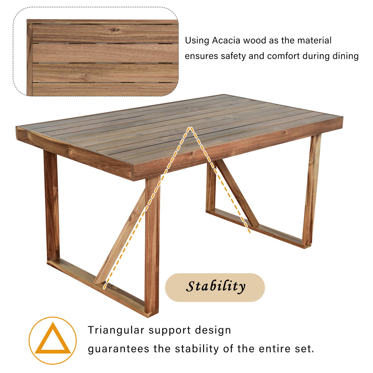 variant-group:rf-n711wy000472aaa|Roomfitters 6-Piece Acacia Wood Outdoor Dining Set with Bench and 4 Chairs, Rectangular Table for Patio and Backyard, Natural